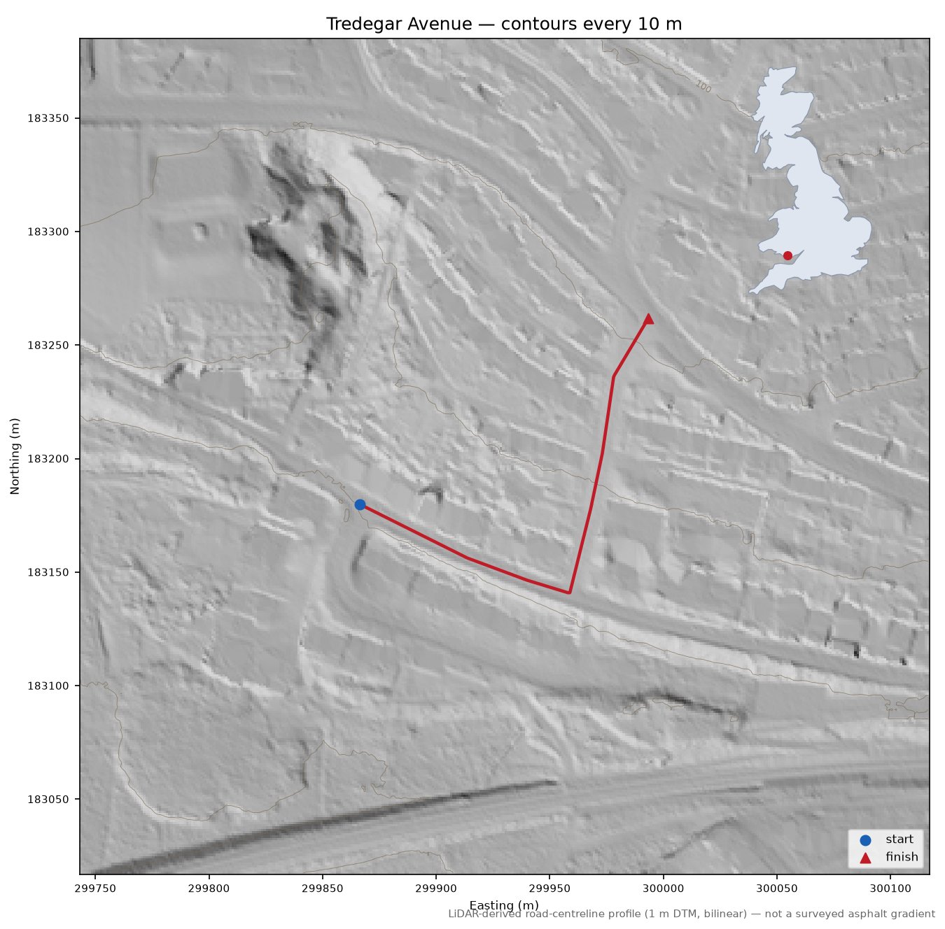 Tredegar Avenue LiDAR hillshade map with contours