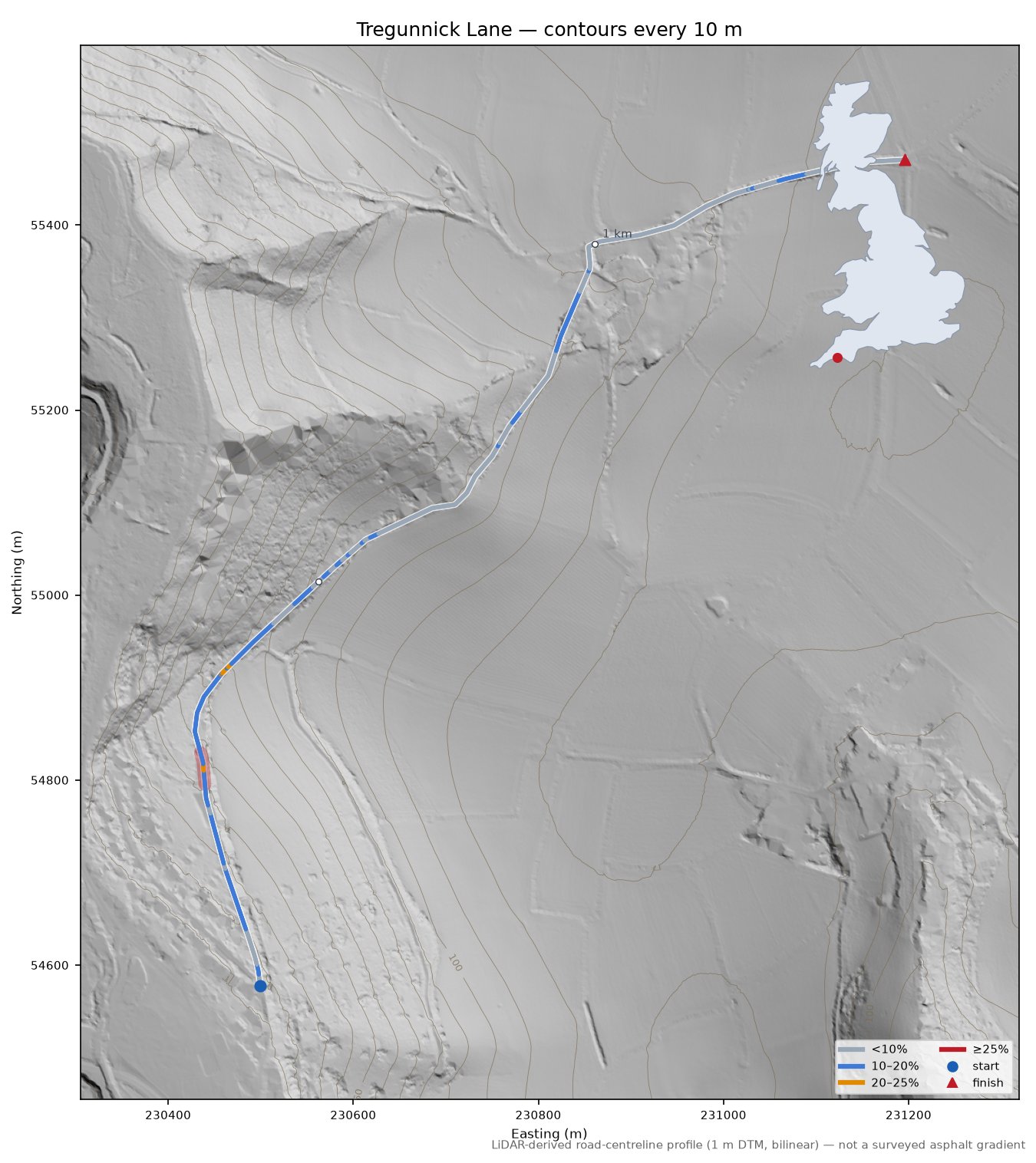Tregunnick Lane LiDAR hillshade map with contours