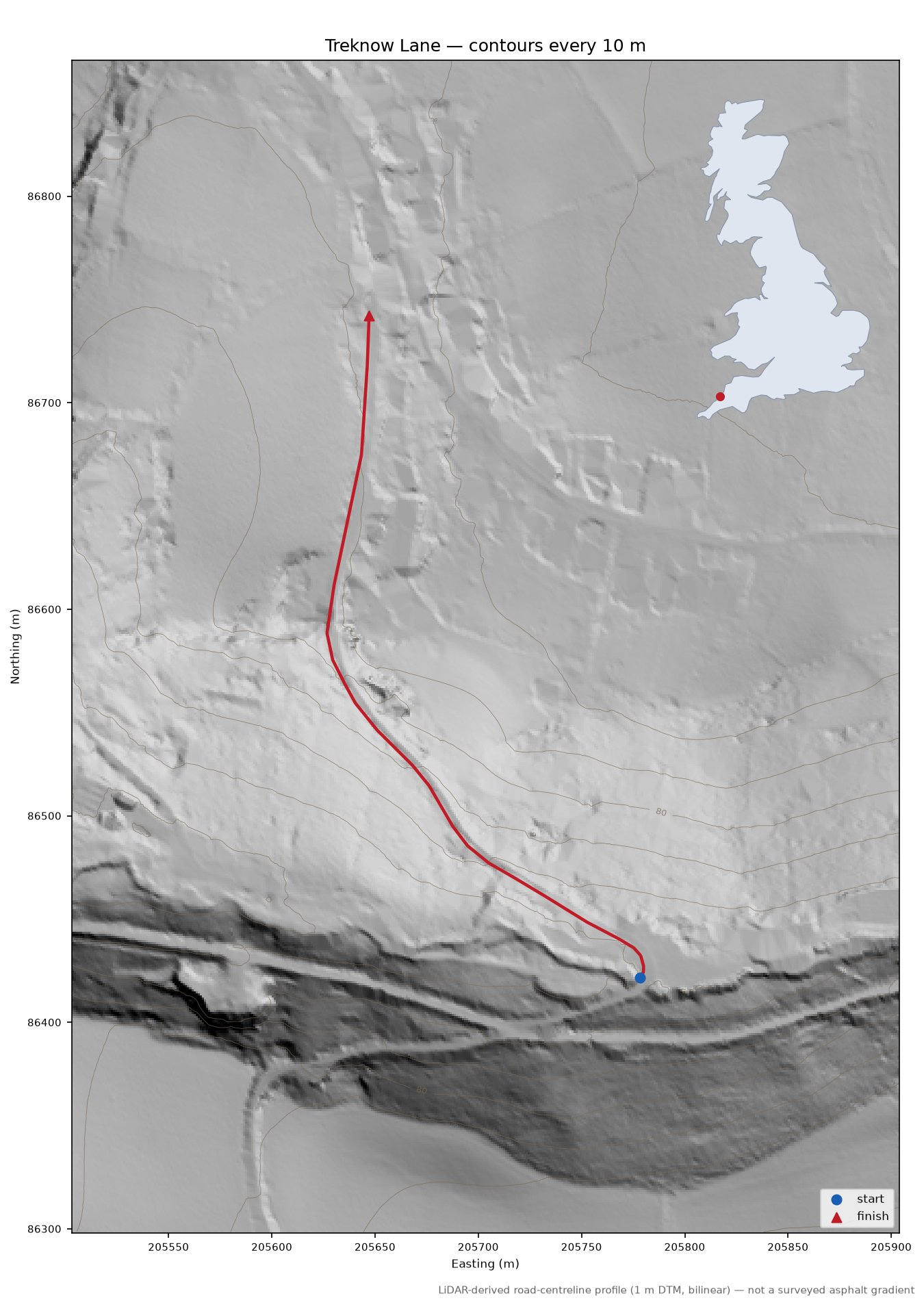 Treknow Lane LiDAR hillshade map with contours