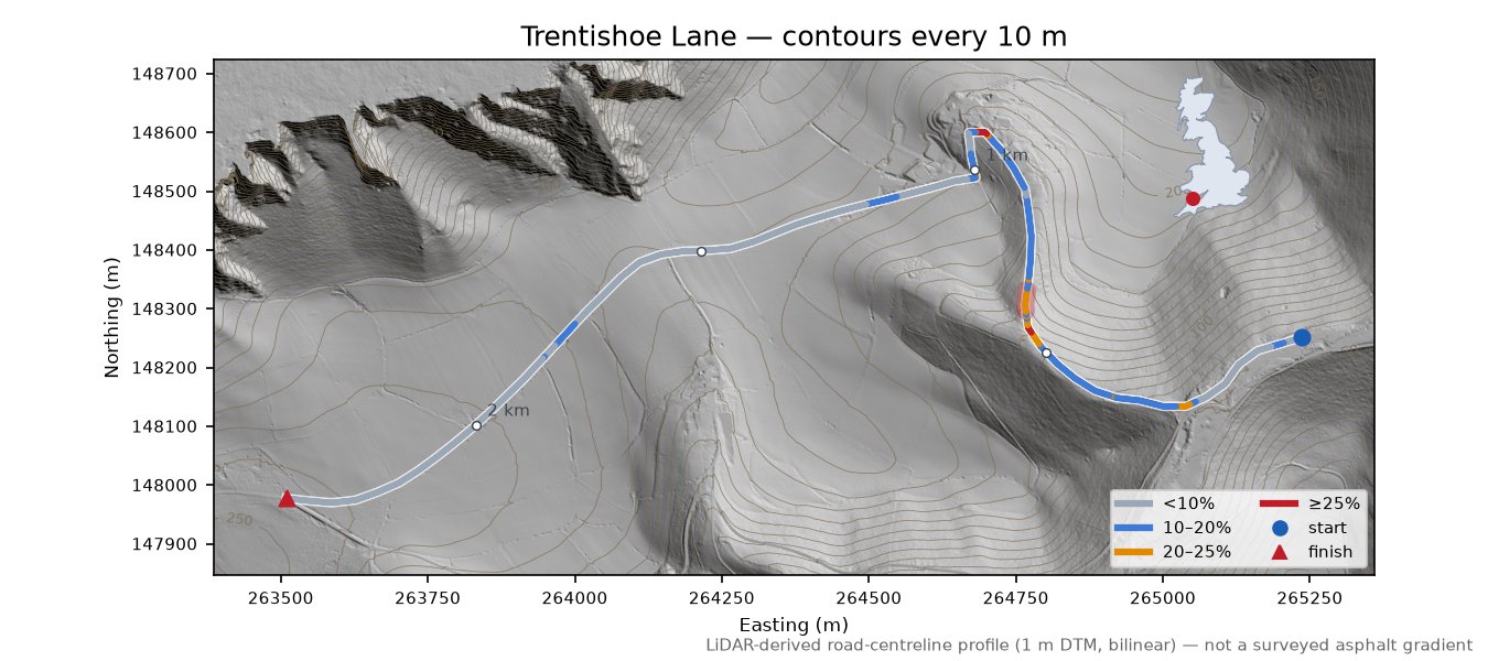 Trentishoe Lane LiDAR hillshade map with contours