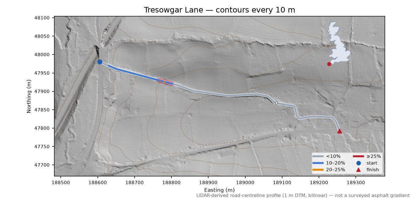 Tresowgar Lane LiDAR hillshade map with contours