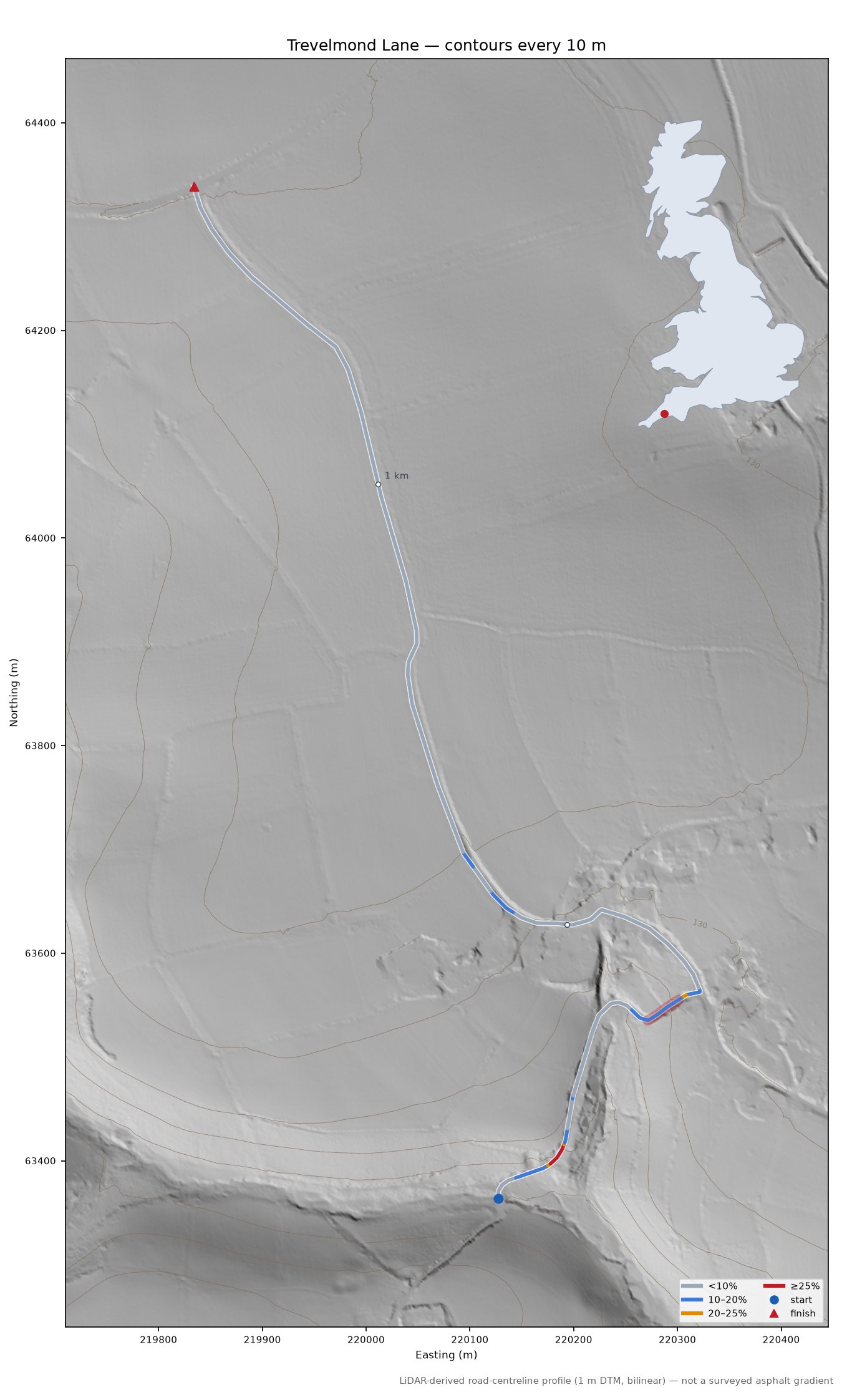 Trevelmond Lane LiDAR hillshade map with contours