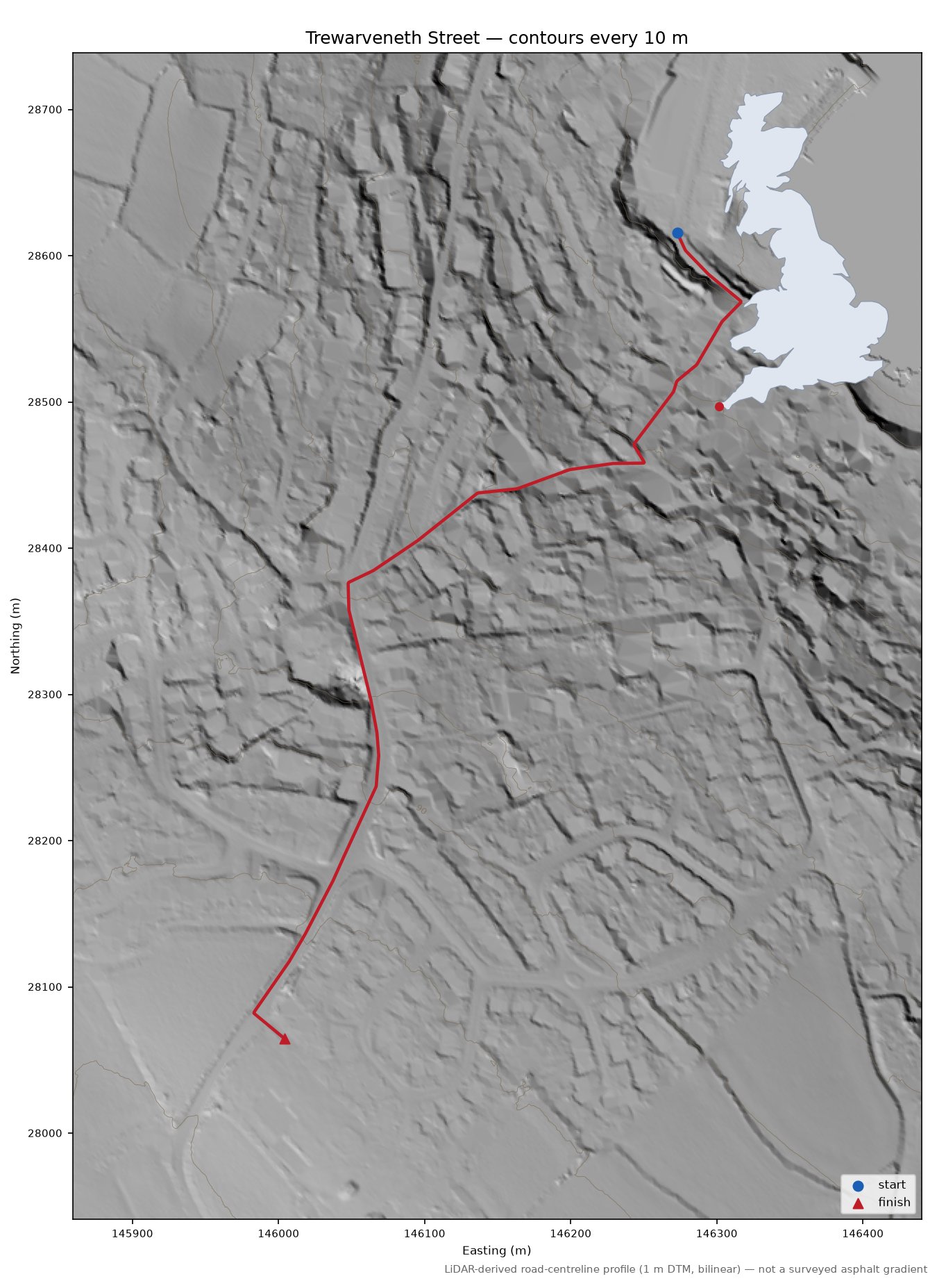 Trewarveneth Street LiDAR hillshade map with contours