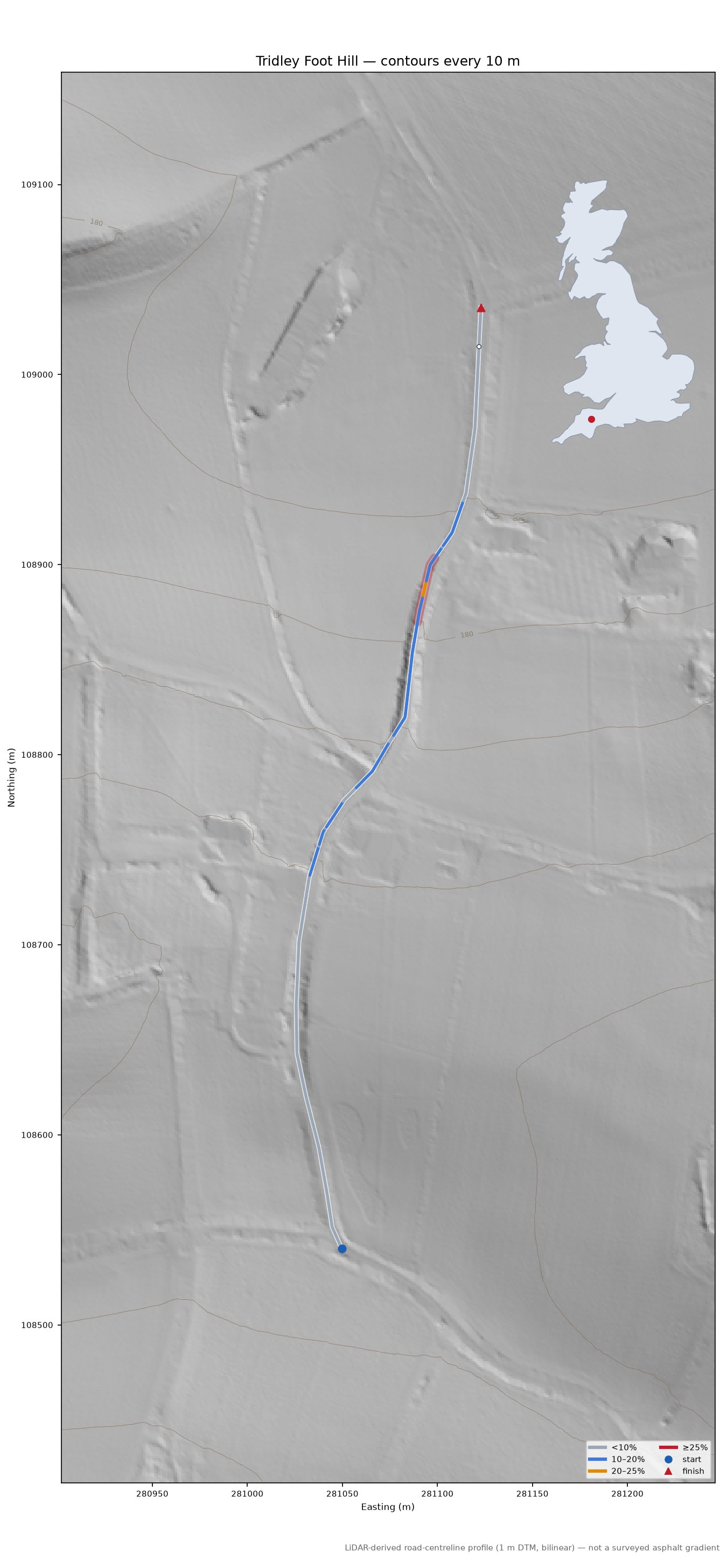 Tridley Foot Hill LiDAR hillshade map with contours