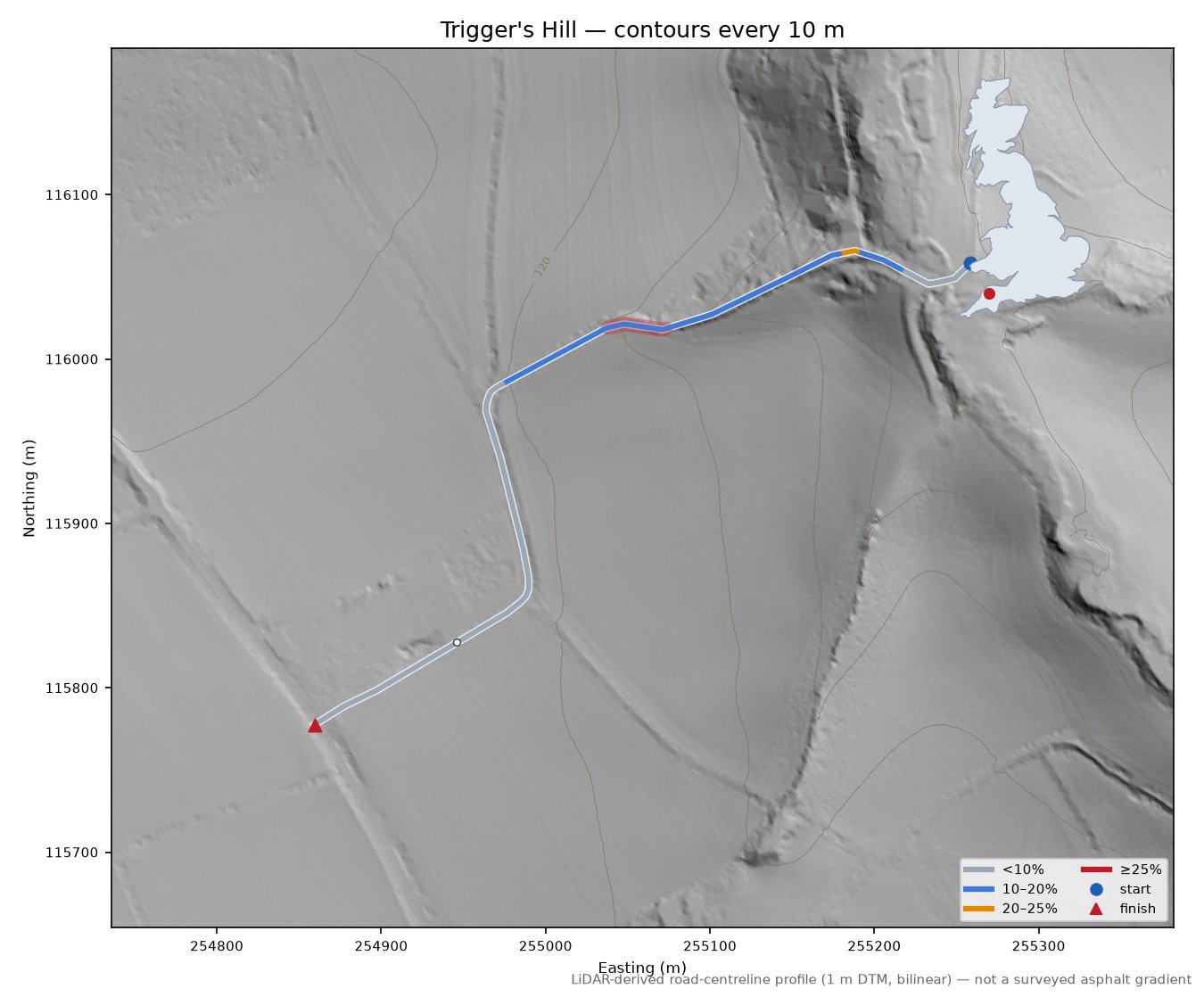 Trigger's Hill LiDAR hillshade map with contours