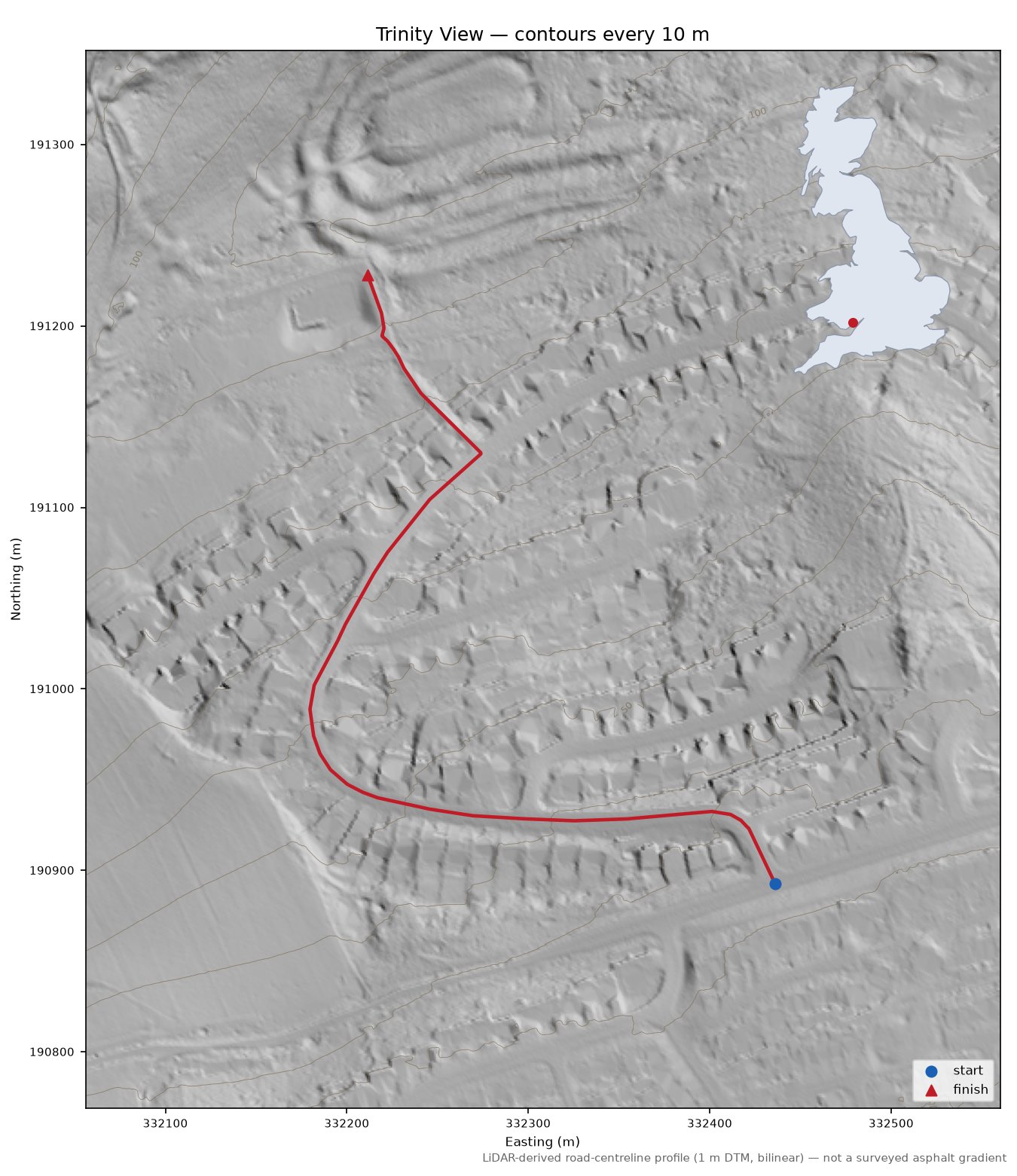 Trinity View LiDAR hillshade map with contours