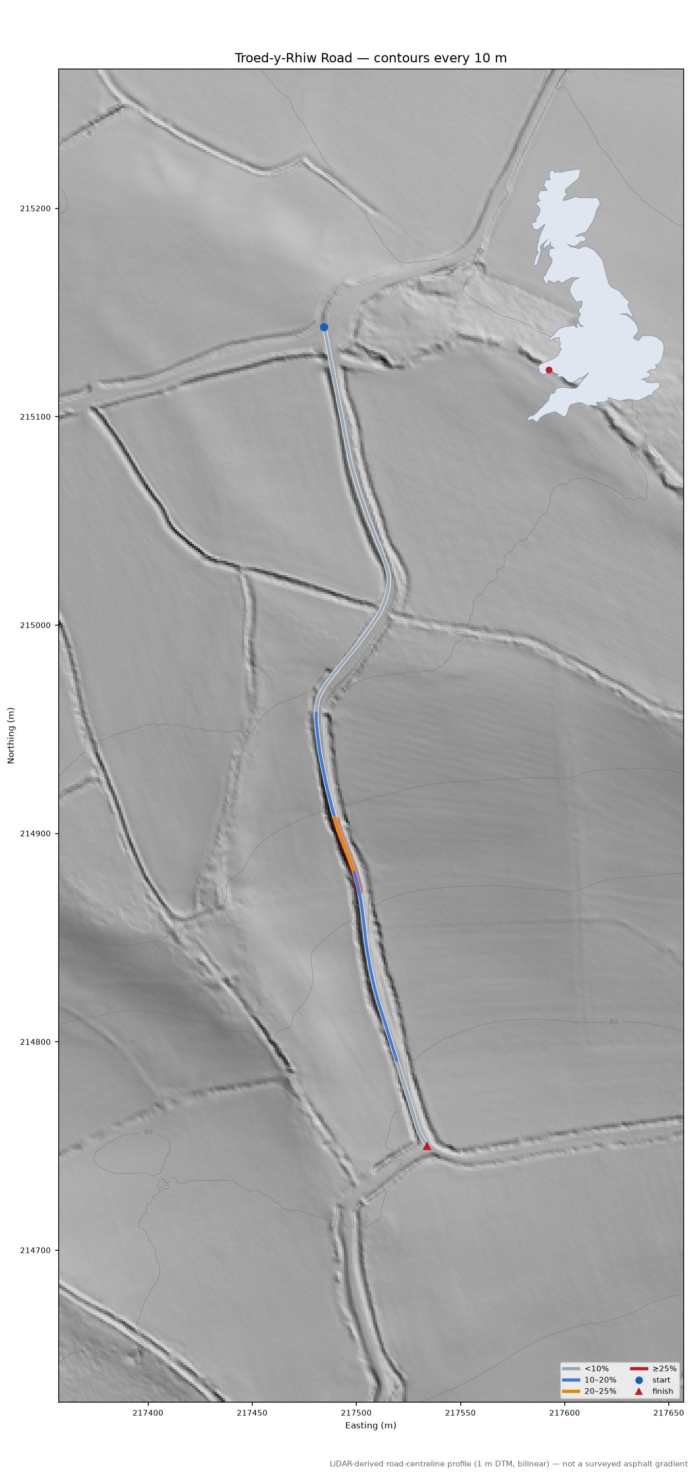 Troed-y-Rhiw Road LiDAR hillshade map with contours