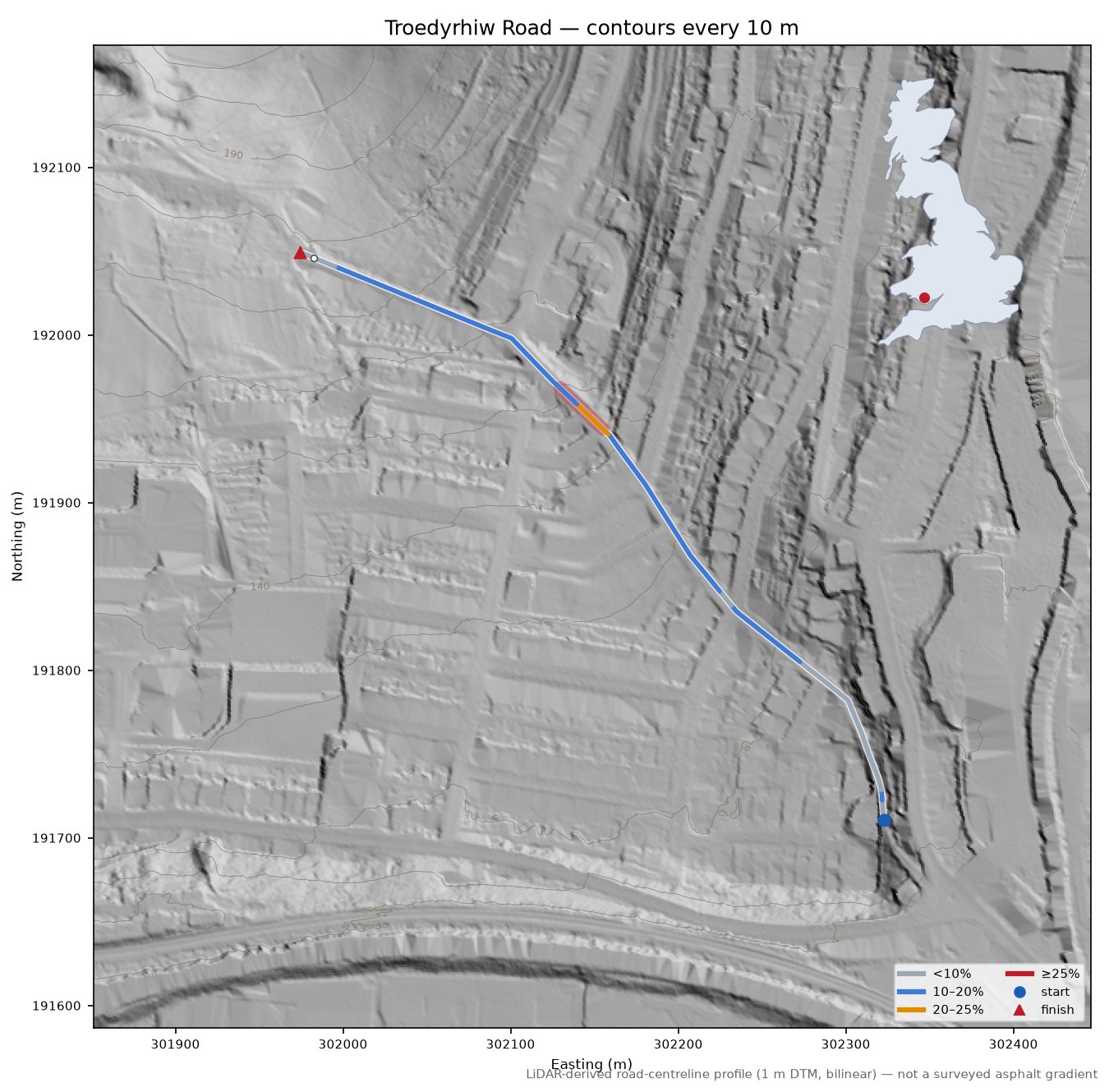 Troedyrhiw Road LiDAR hillshade map with contours