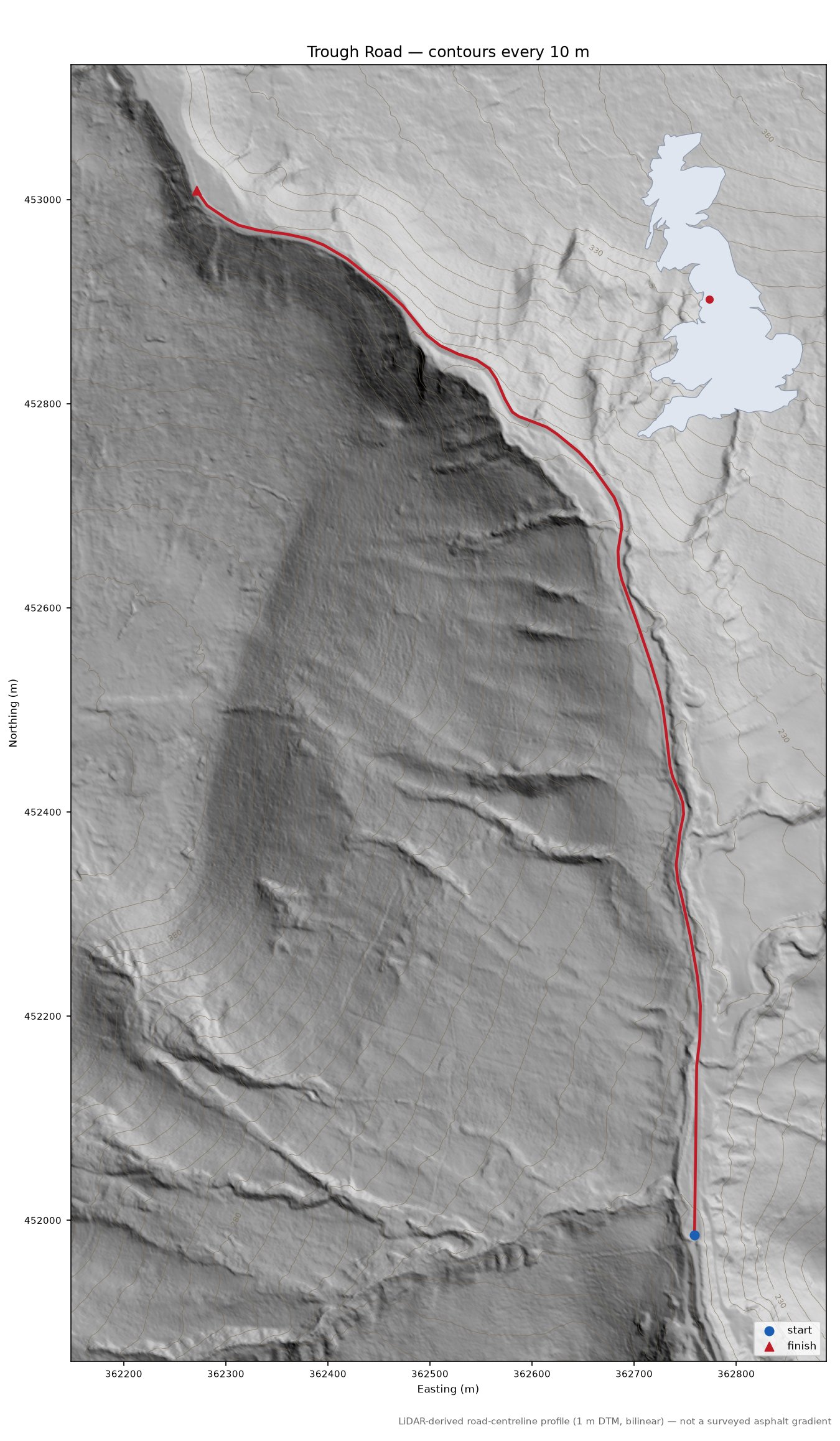 Trough Road LiDAR hillshade map with contours