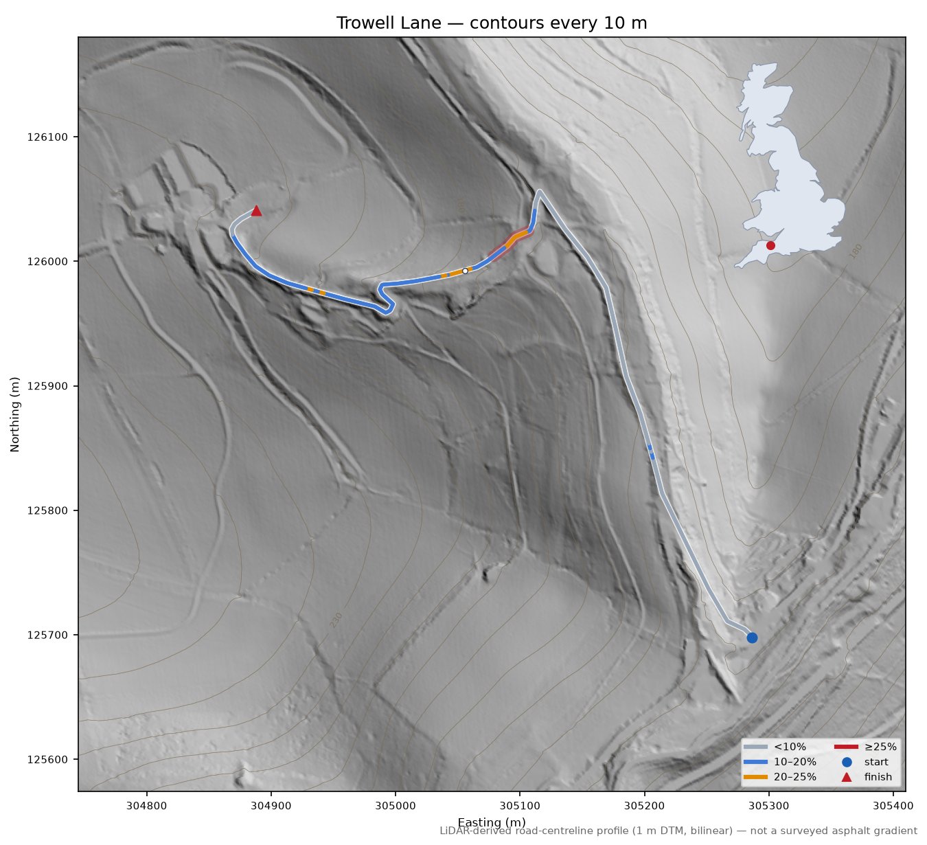 Trowell Lane LiDAR hillshade map with contours