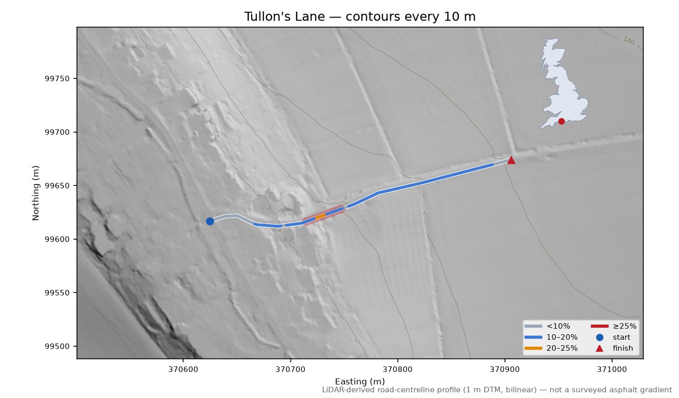 Tullon's Lane LiDAR hillshade map with contours