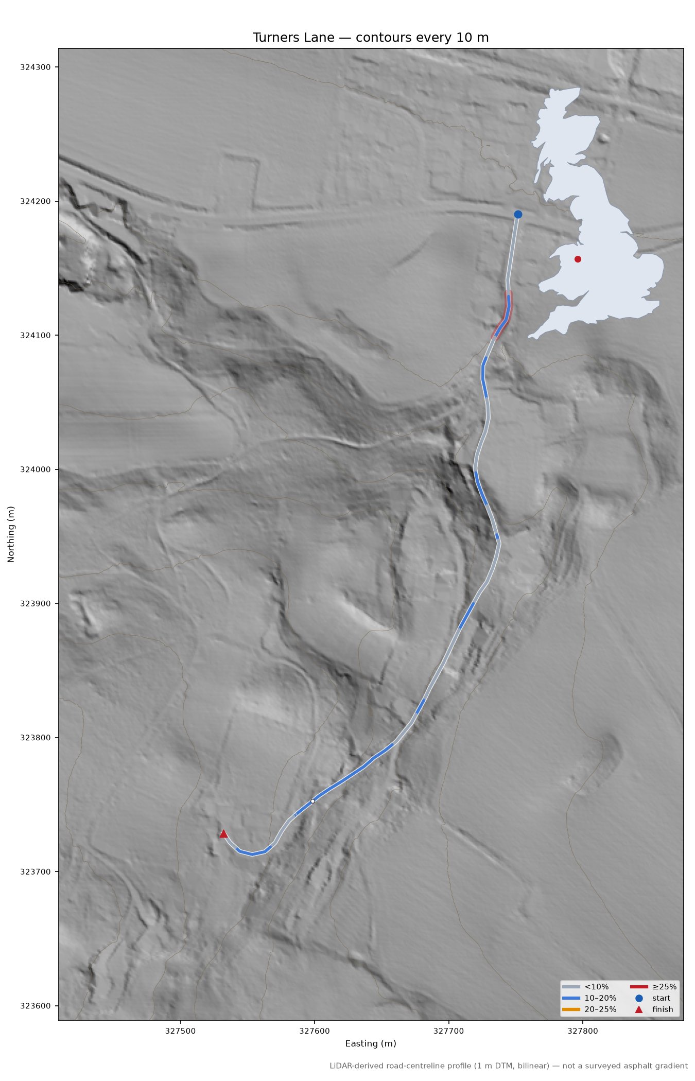 Turners Lane LiDAR hillshade map with contours