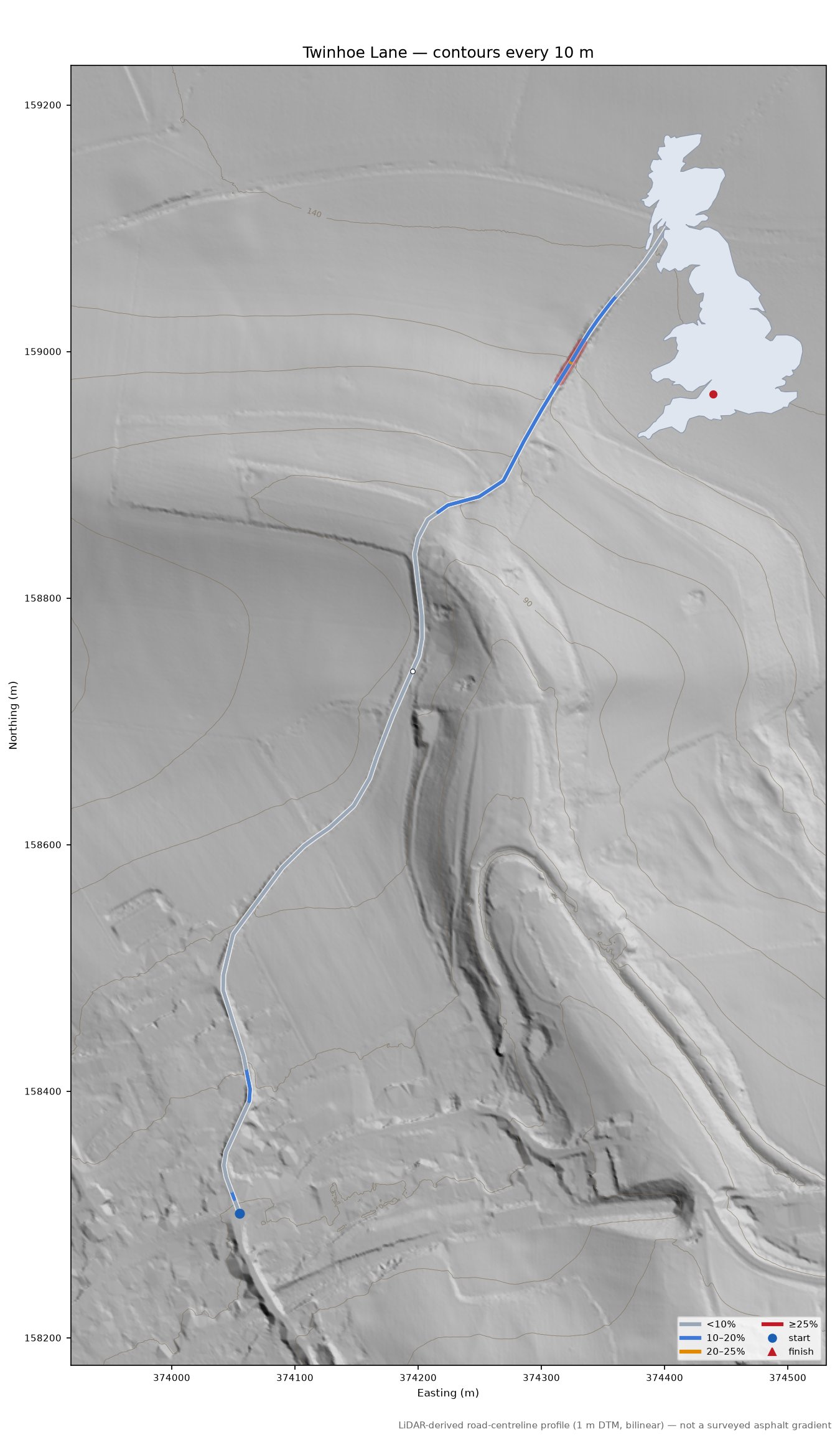Twinhoe Lane LiDAR hillshade map with contours