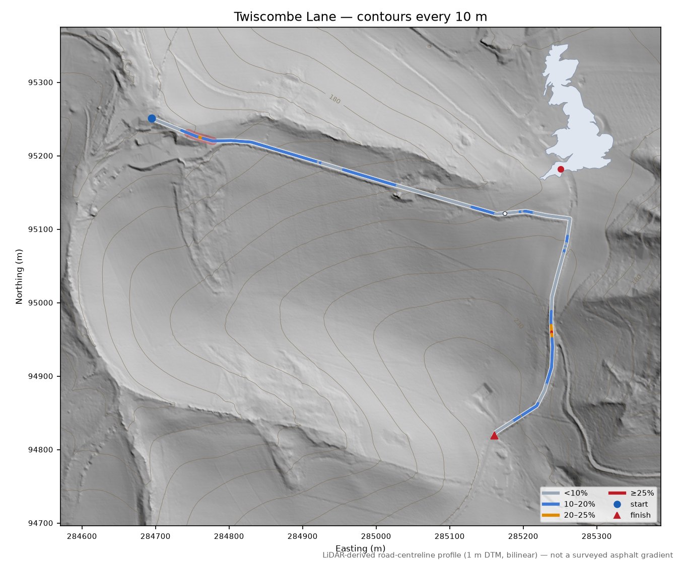 Twiscombe Lane LiDAR hillshade map with contours