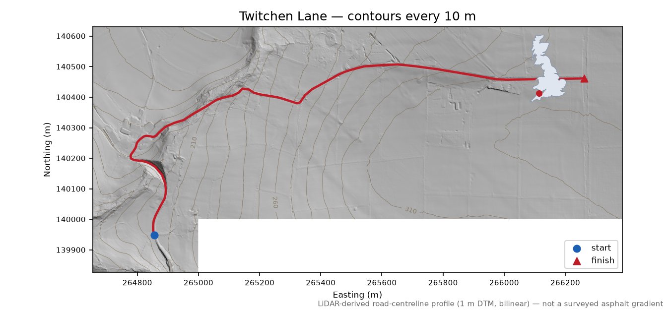 Twitchen Lane LiDAR hillshade map with contours