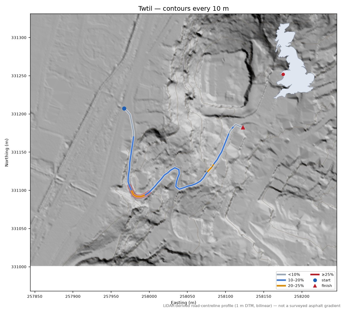 Twtil LiDAR hillshade map with contours