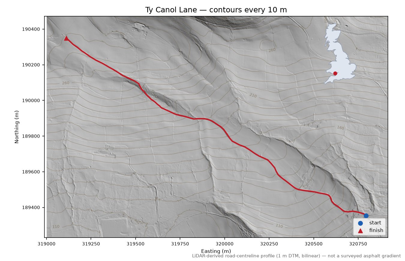 Ty Canol Lane LiDAR hillshade map with contours
