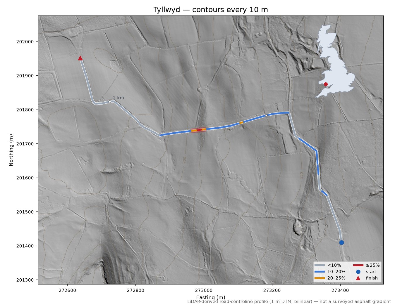Tyllwyd LiDAR hillshade map with contours