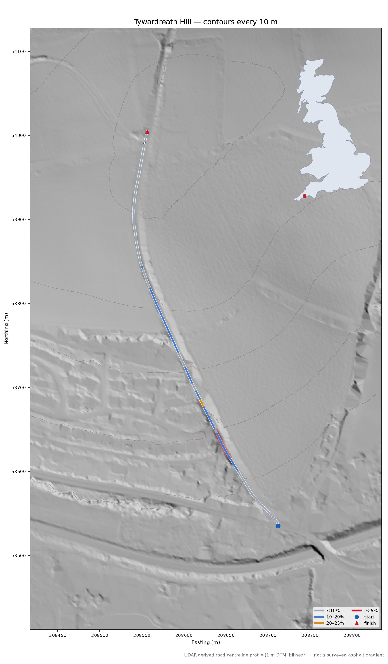 Tywardreath Hill LiDAR hillshade map with contours