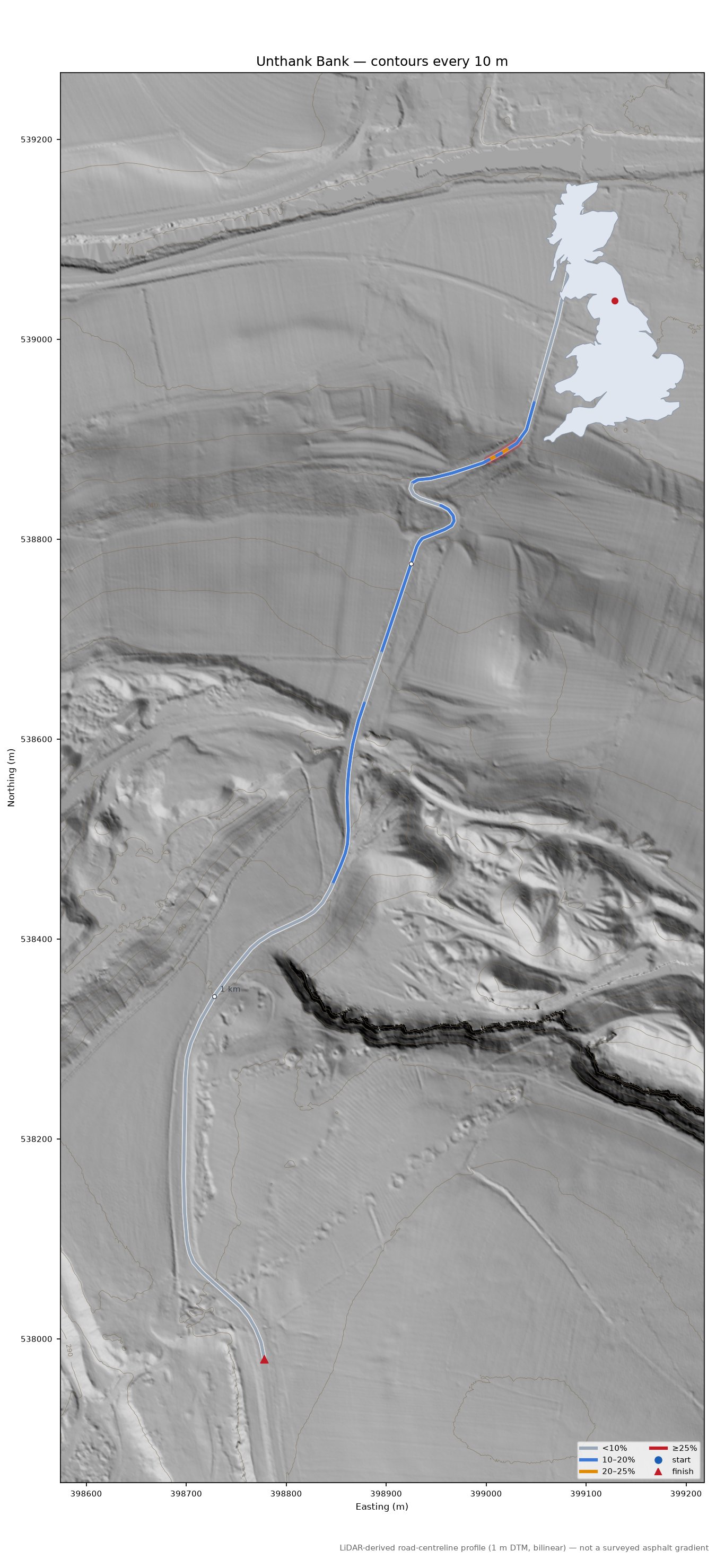 Unthank Bank LiDAR hillshade map with contours