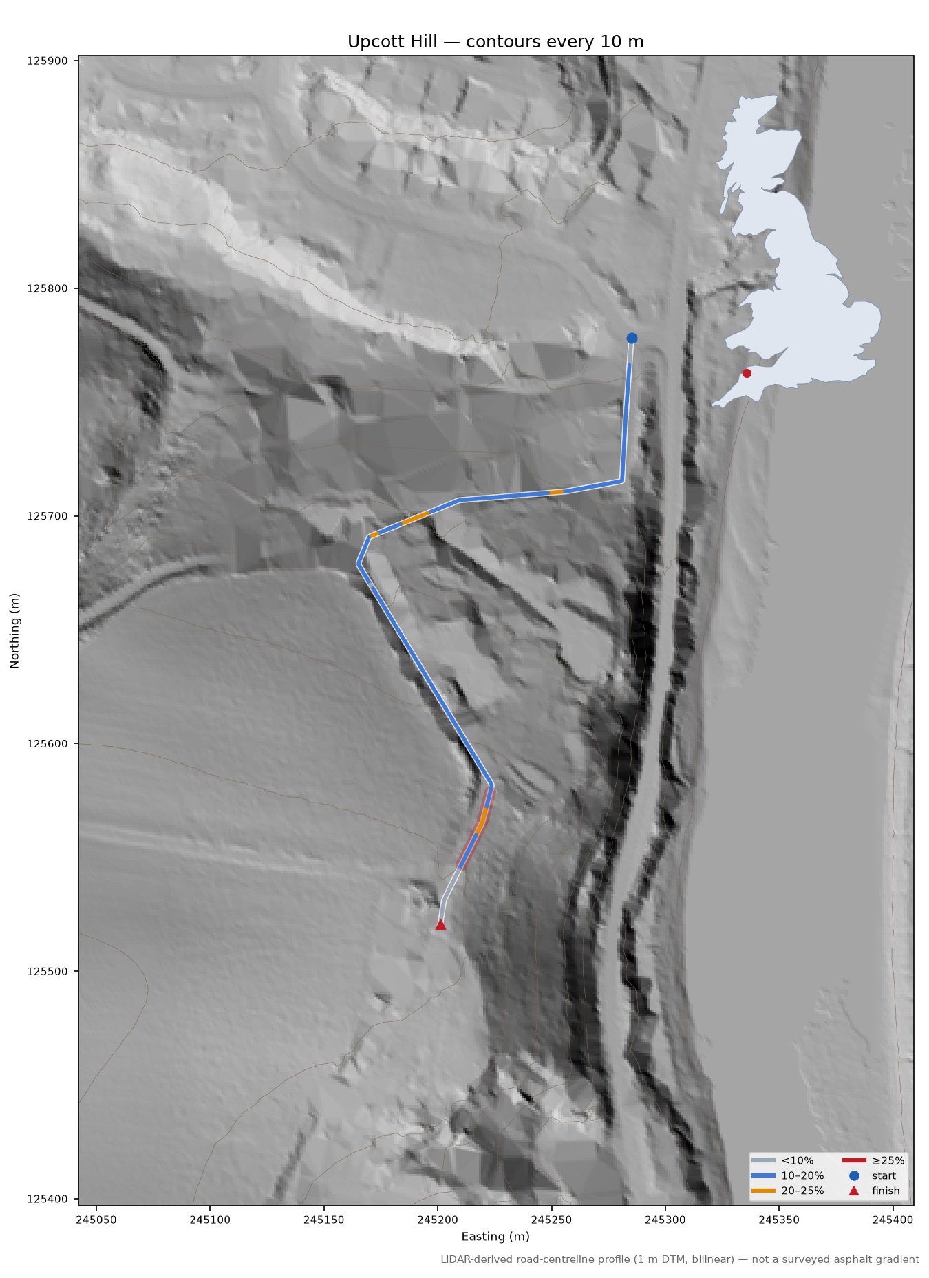 Upcott Hill LiDAR hillshade map with contours