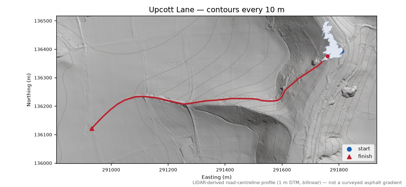 Upcott Lane LiDAR hillshade map with contours
