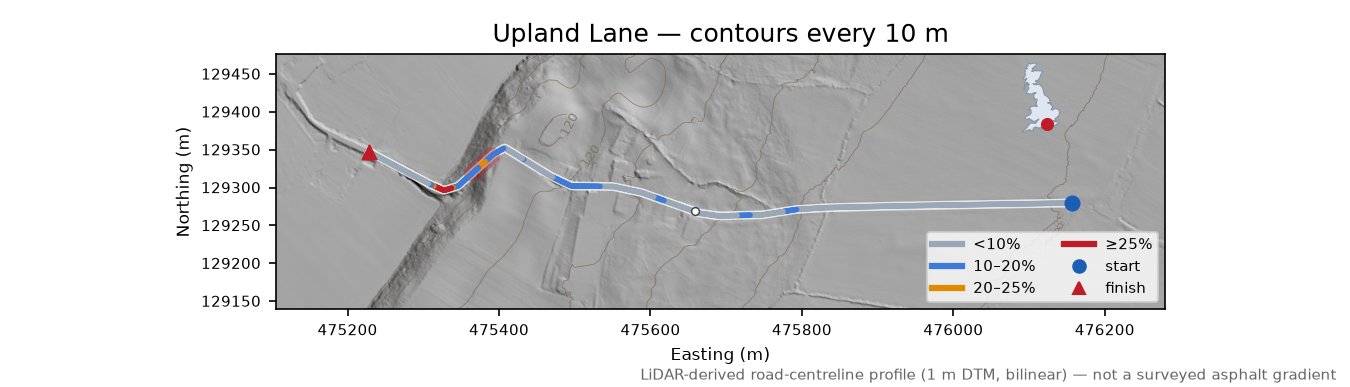 Upland Lane LiDAR hillshade map with contours