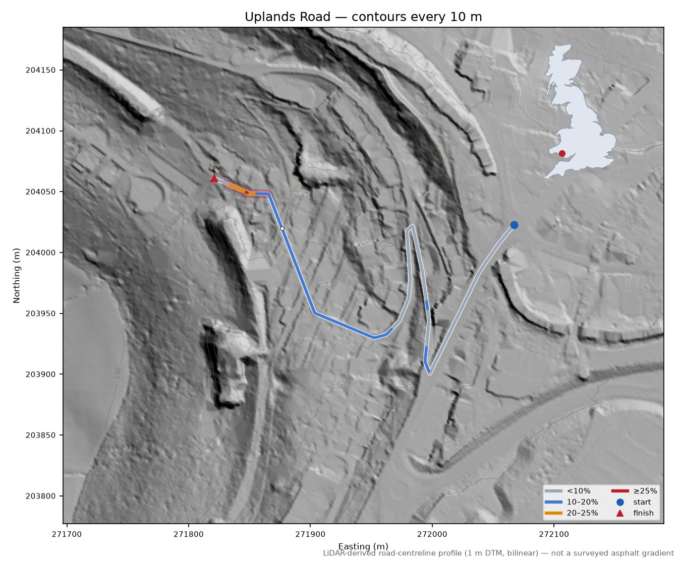 Uplands Road LiDAR hillshade map with contours