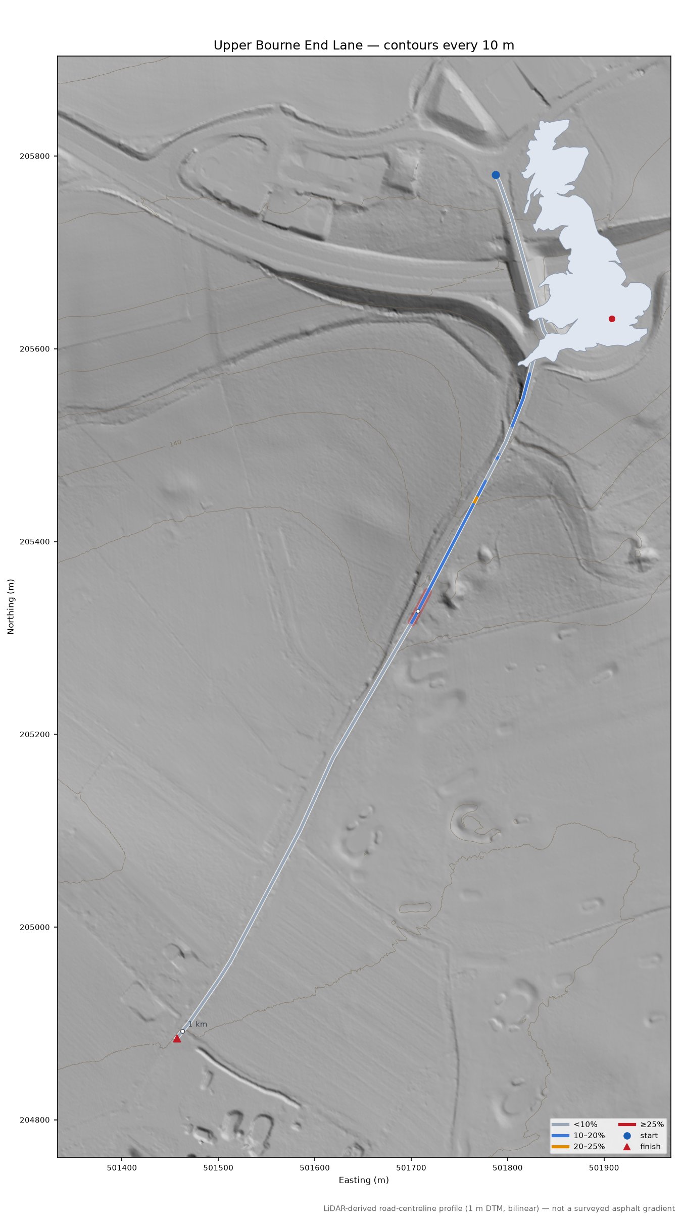 Upper Bourne End Lane LiDAR hillshade map with contours
