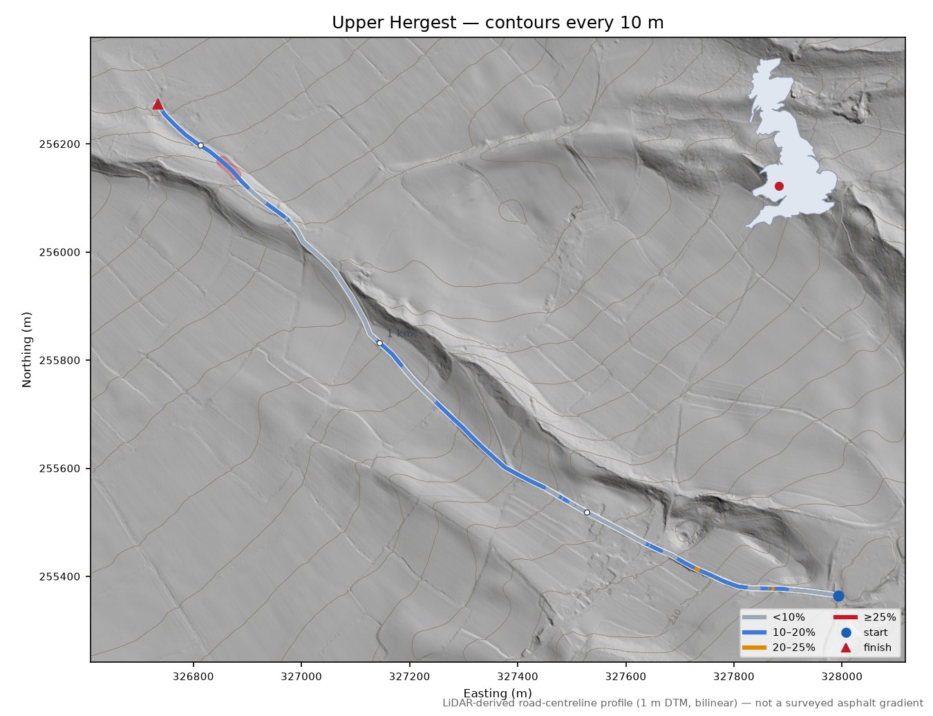 Upper Hergest LiDAR hillshade map with contours