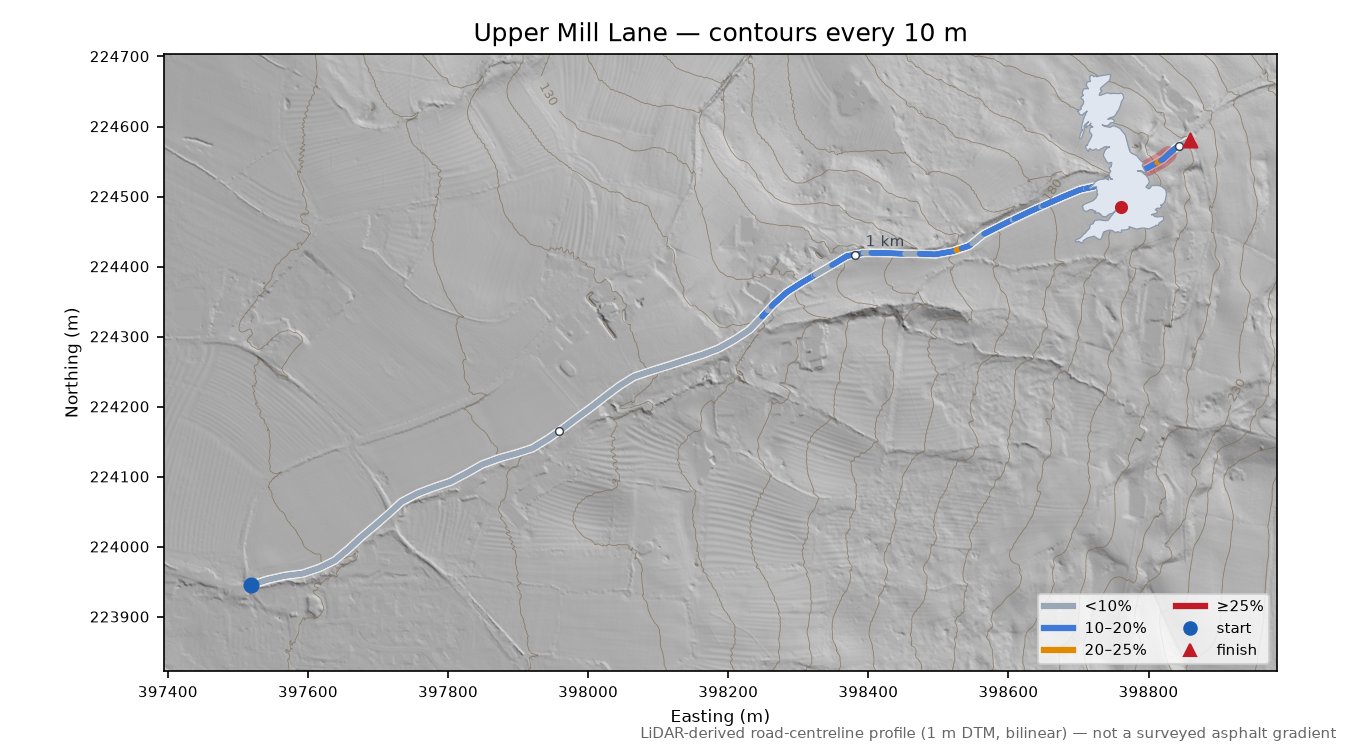 Upper Mill Lane LiDAR hillshade map with contours