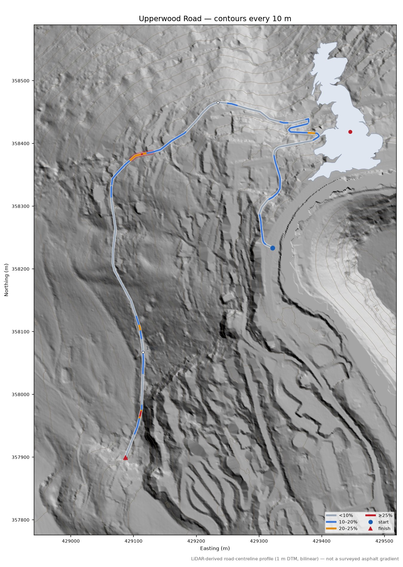 Upperwood Road LiDAR hillshade map with contours