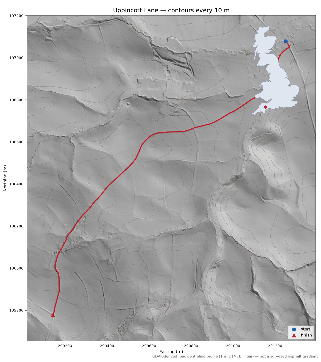 Uppincott Lane LiDAR hillshade map with contours