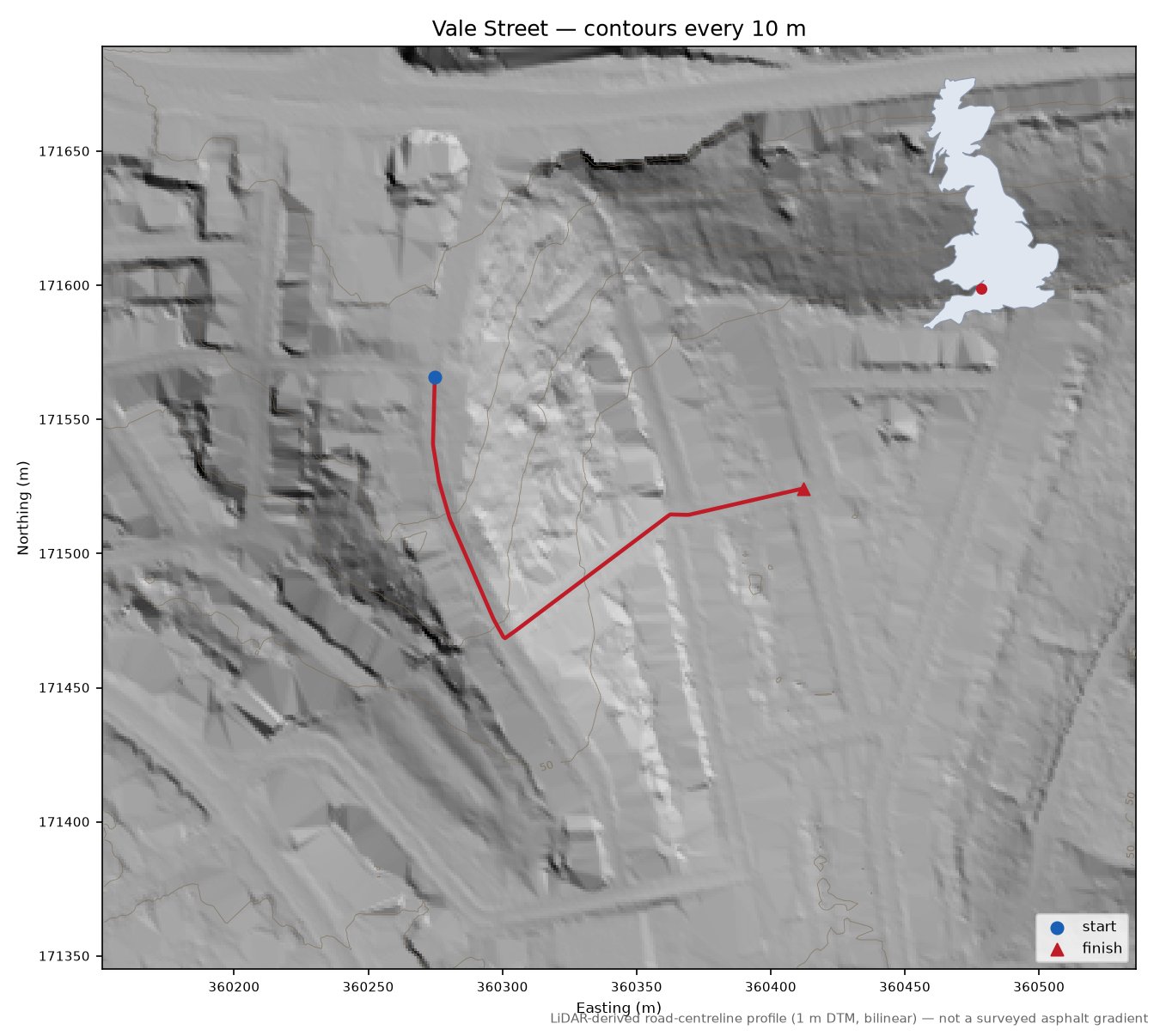 Vale Street LiDAR hillshade map with contours