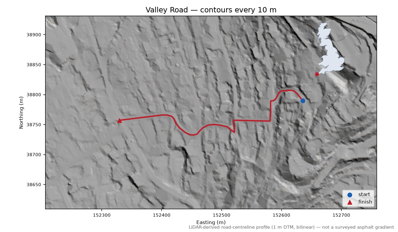 Valley Road LiDAR hillshade map with contours