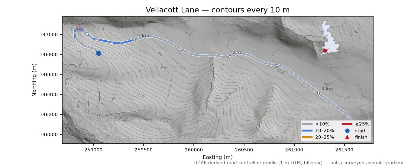 Vellacott Lane LiDAR hillshade map with contours