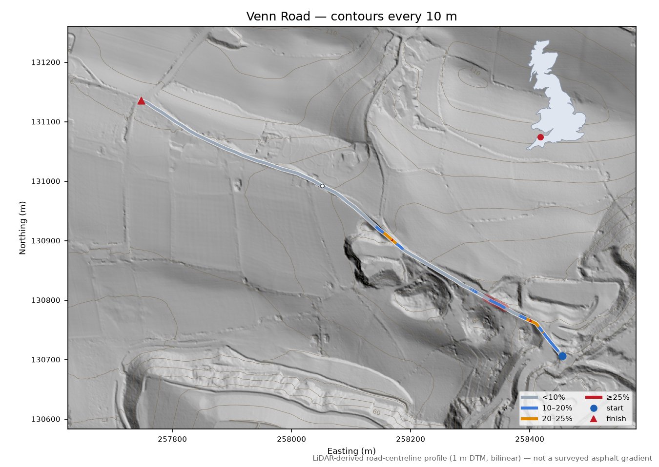 Venn Road LiDAR hillshade map with contours