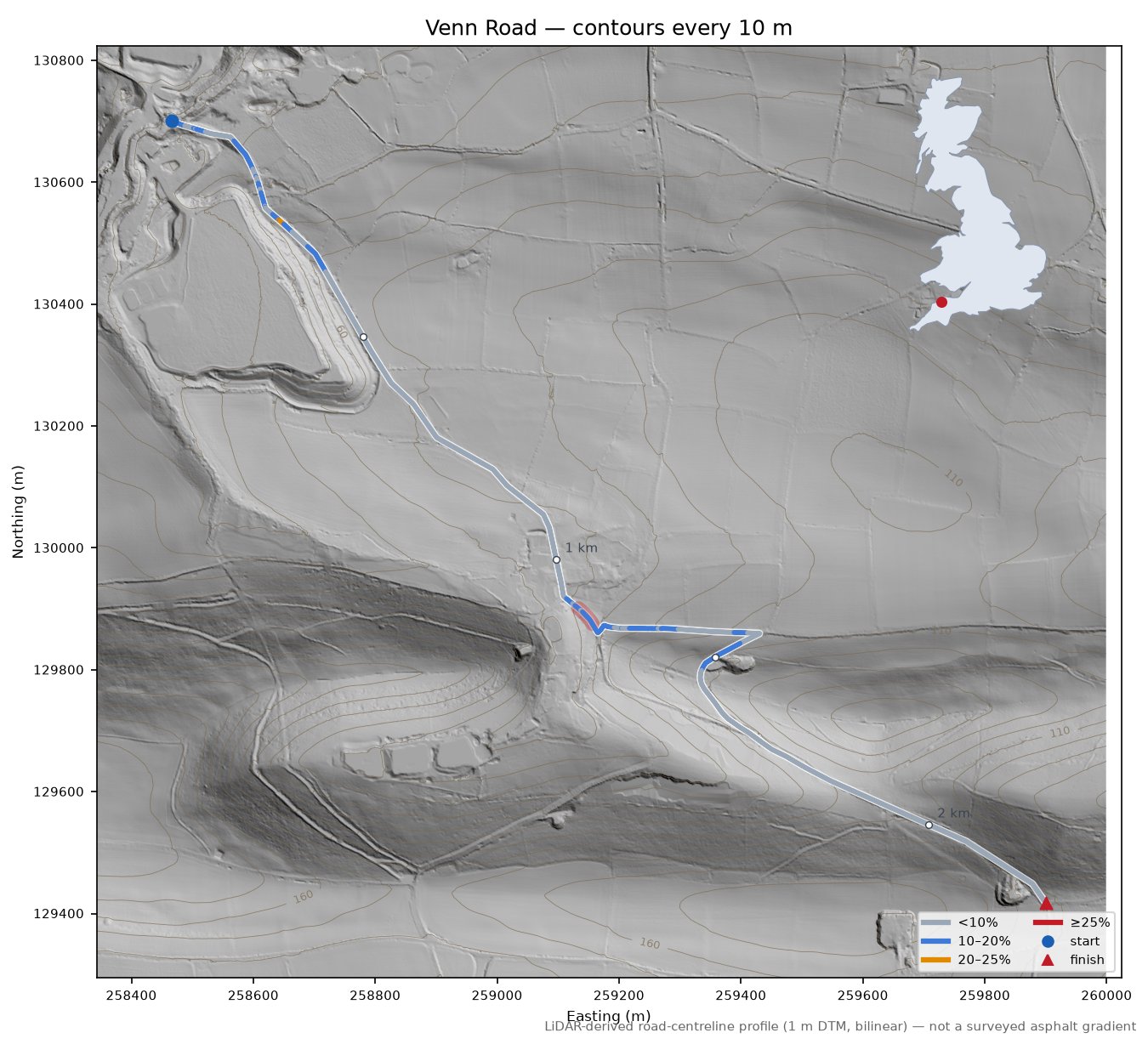Venn Road LiDAR hillshade map with contours