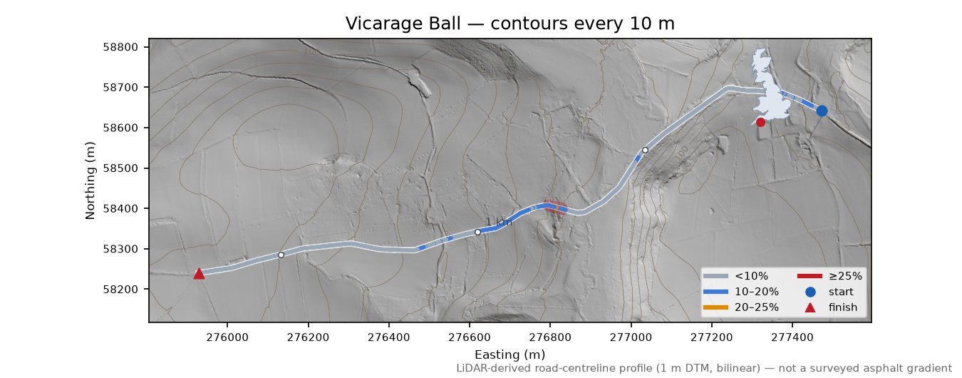 Vicarage Ball LiDAR hillshade map with contours