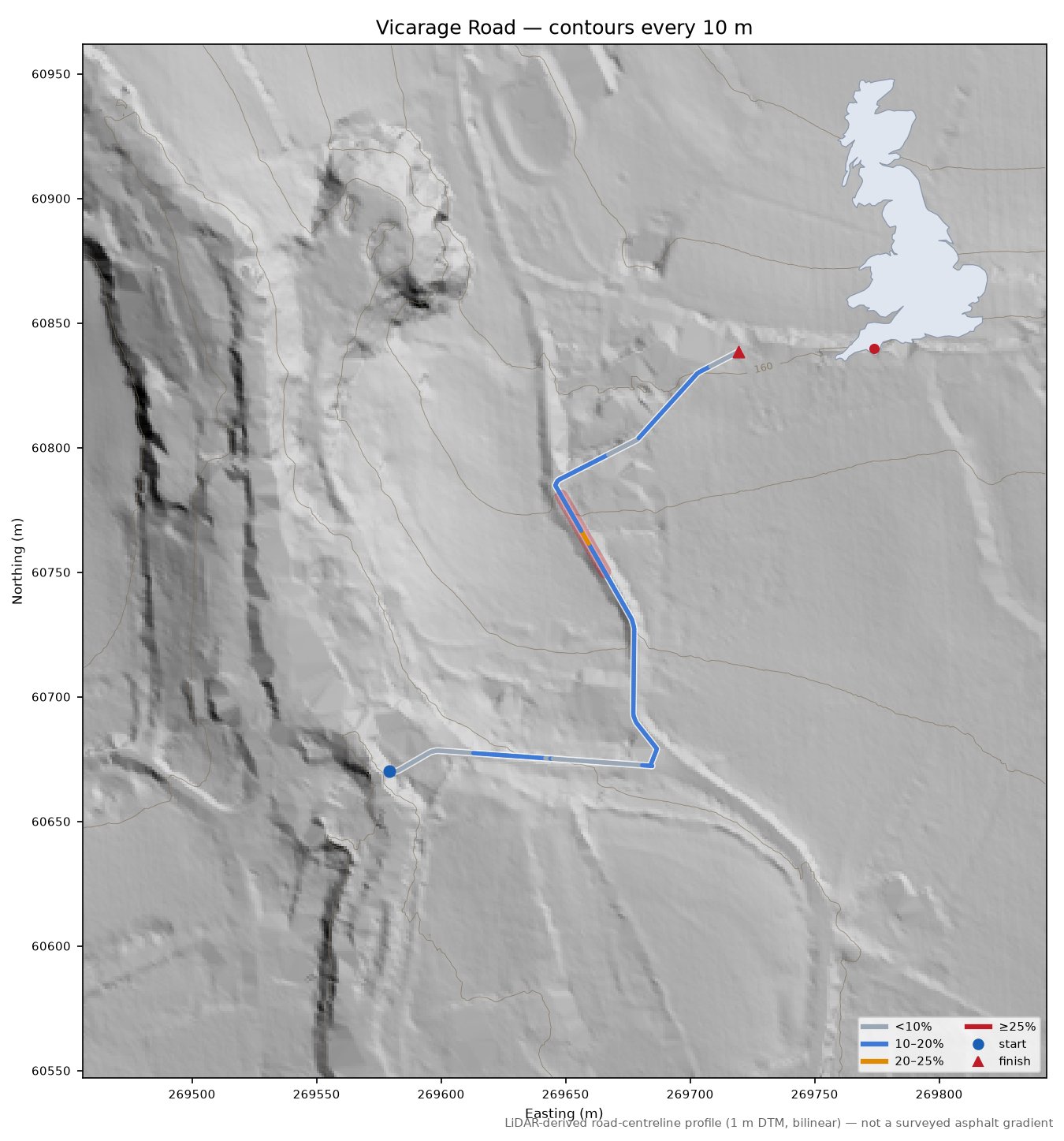 Vicarage Road LiDAR hillshade map with contours