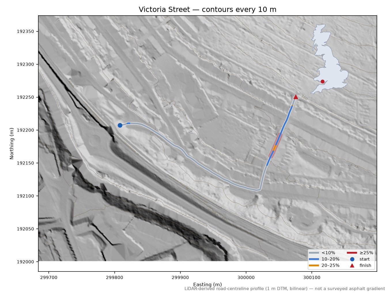 Victoria Street LiDAR hillshade map with contours