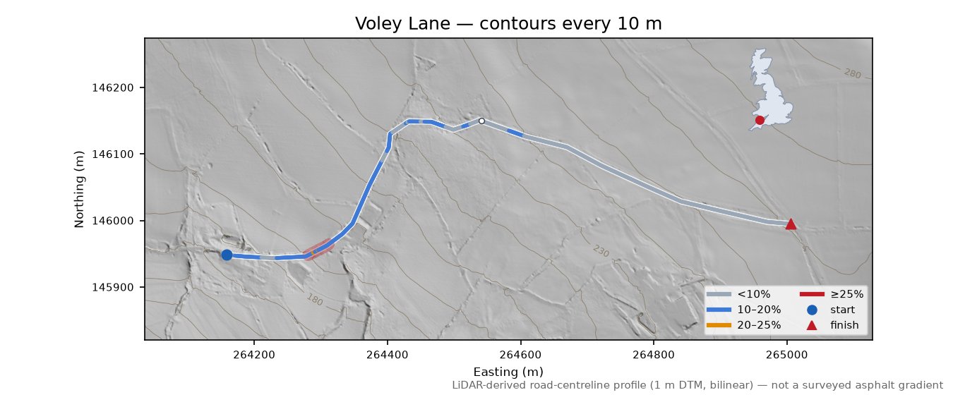 Voley Lane LiDAR hillshade map with contours