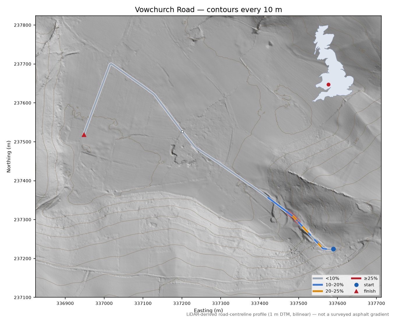 Vowchurch Road LiDAR hillshade map with contours
