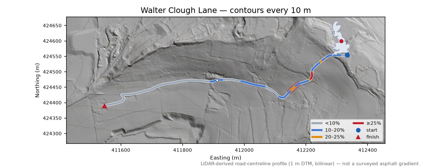 Walter Clough Lane LiDAR hillshade map with contours