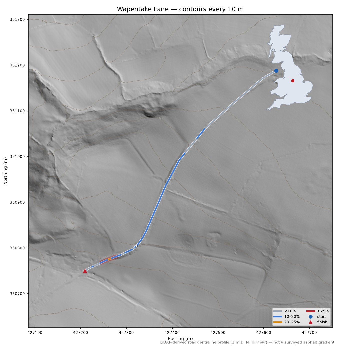 Wapentake Lane LiDAR hillshade map with contours