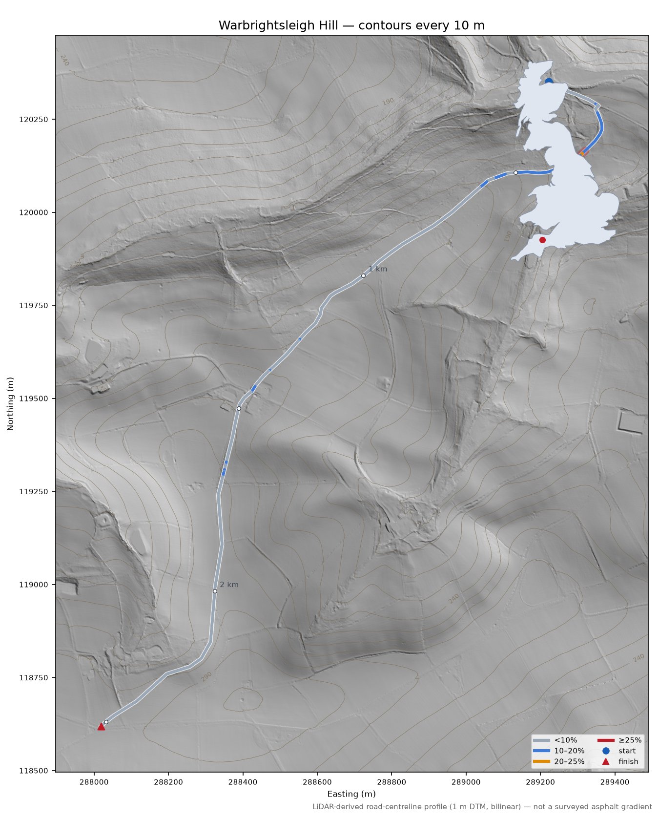 Warbrightsleigh Hill LiDAR hillshade map with contours
