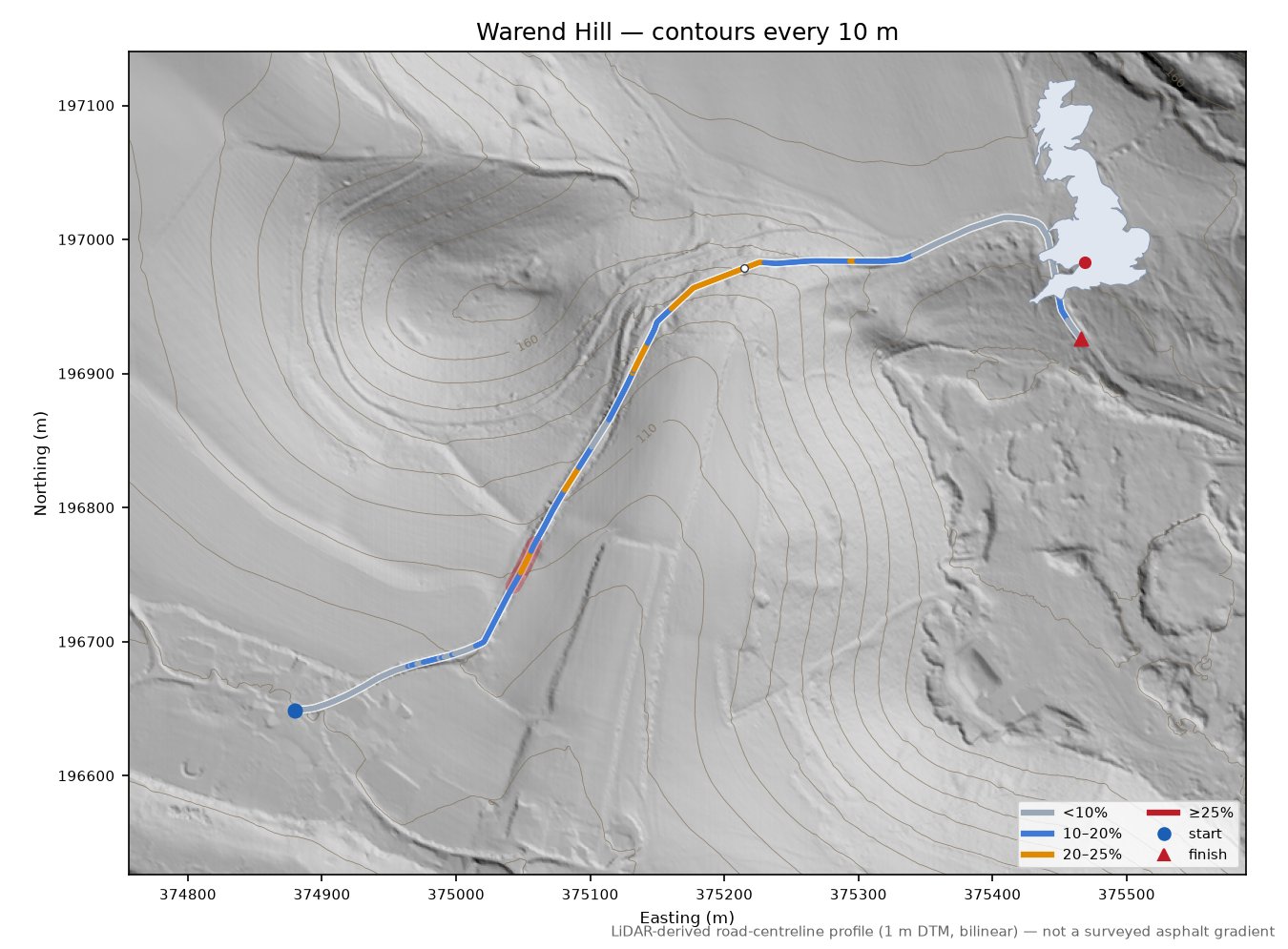 Warend Hill LiDAR hillshade map with contours