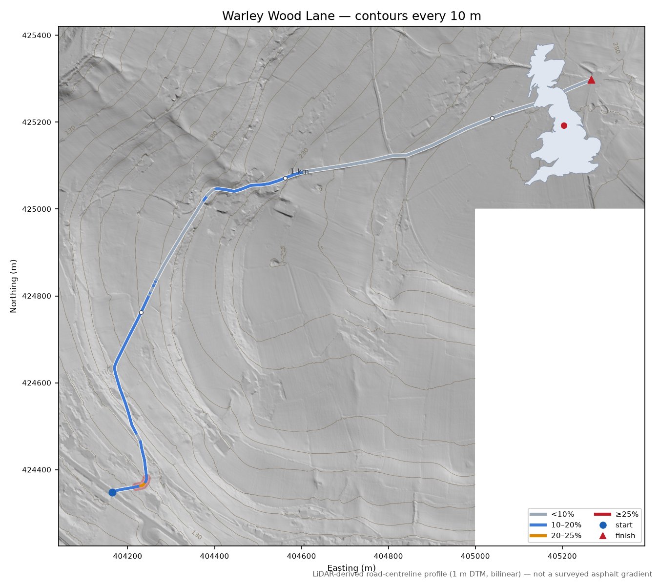 Warley Wood Lane LiDAR hillshade map with contours