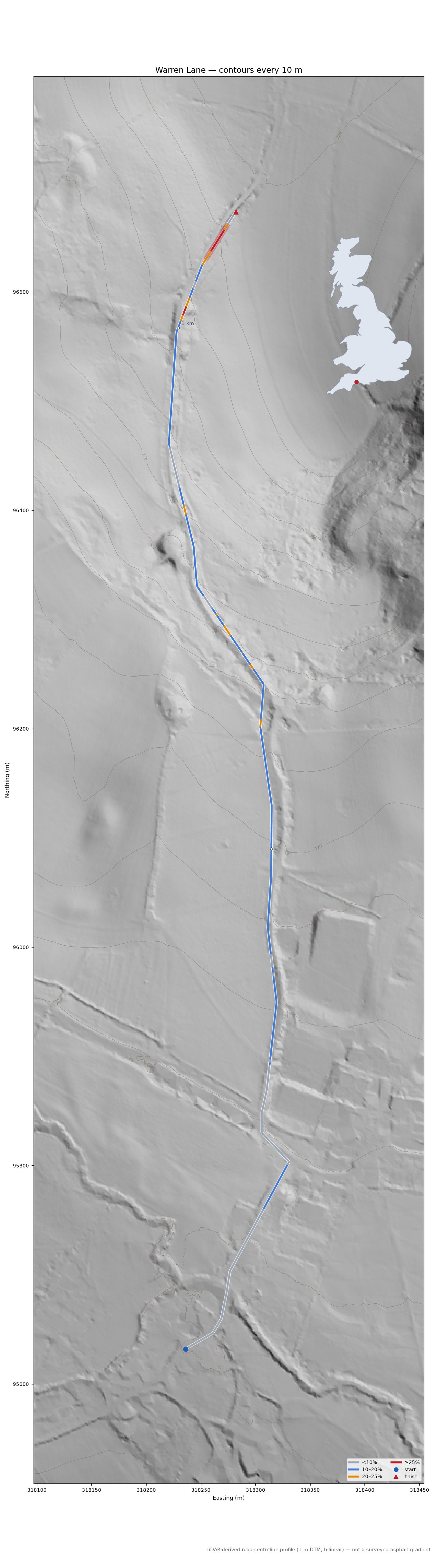 Warren Lane LiDAR hillshade map with contours
