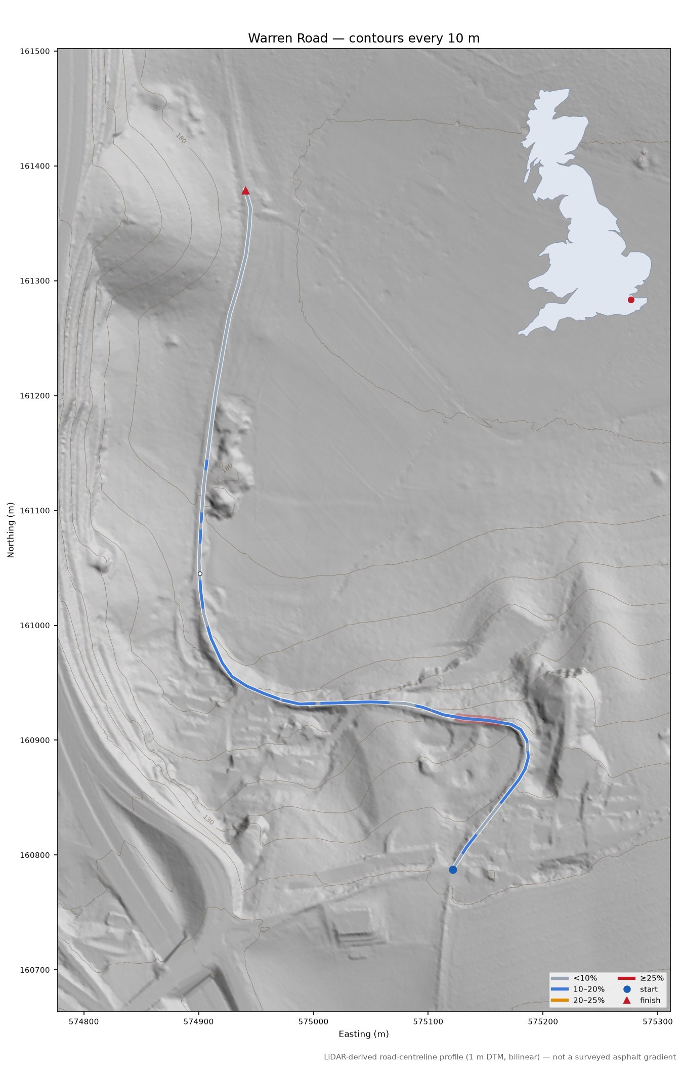 Warren Road LiDAR hillshade map with contours
